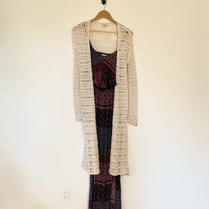 Long Crochet Duster Cardigan - Ivory Cream Bohemian XS